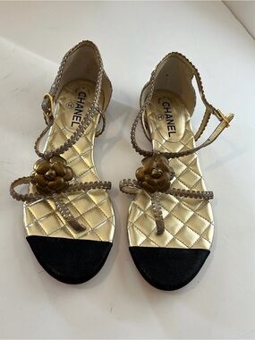 Chanel Gold Quilted CC Camelia Sandals